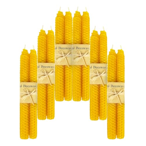 Lacaser Beeswax Tapered Candles Set - Yellow, Unscented, 12pcs, 9" Handrolled Dripless Dinner Table Decor