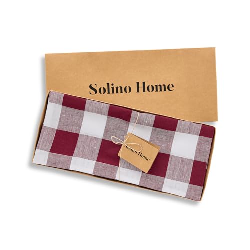 Burgundy & White Check Linen Table Runner 14 x 120 Inches - Handmade, OEKO-TEX Certified