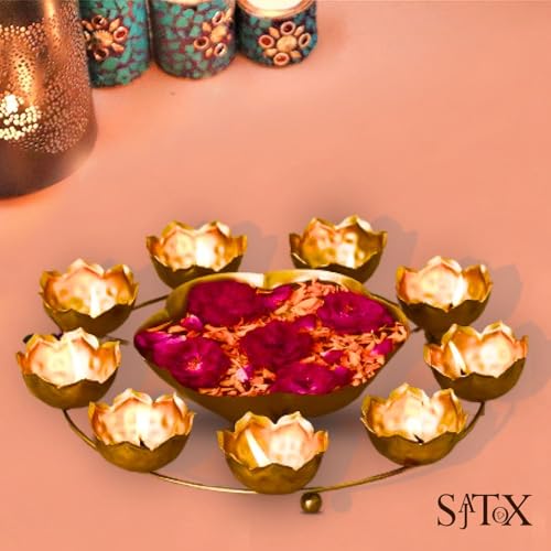 Handcrafted Golden Metal Diya Holder with Central Bowl - 9 Wick Festival Decor