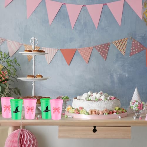 24 Pack Pink and Green Plastic Cups with Witch Hat Design, 12 oz Party Cups for Celebrations