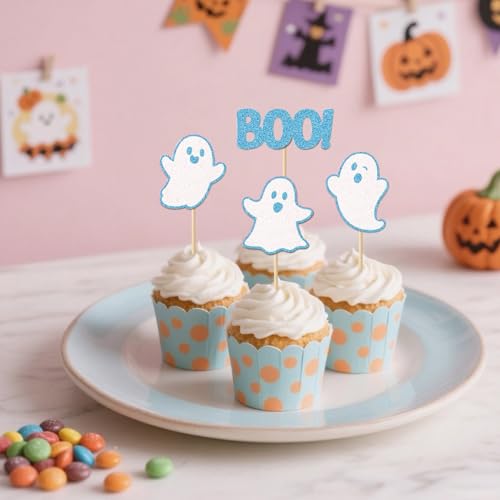 Blue Halloween Ghost Cupcake Toppers - 24 Pcs Party Decor, No Assembly