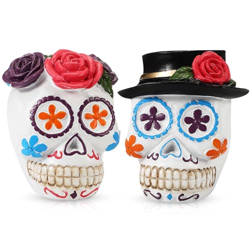 Day of the Dead Sugar Skull Couple Decor - White, 3.15 Inches, Rose & Hat Variation