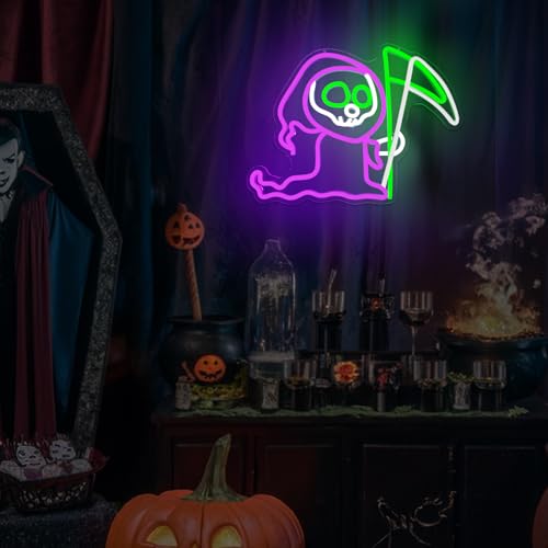 Halloween Grim Reaper Neon Sign with Swinging Scythe - Ghost LED Wall Decor