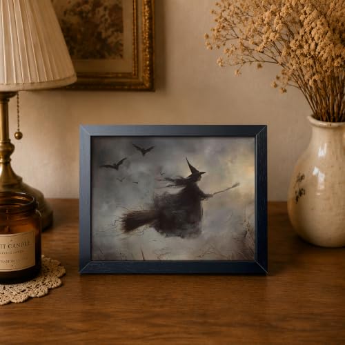 Halloween Wall Art - Framed Witch Riding Broom Canvas Decor 8x10 Inch Variation C