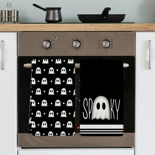 Black Halloween Kitchen Towels Set of 2 18x26 Inch Ghost Decoration