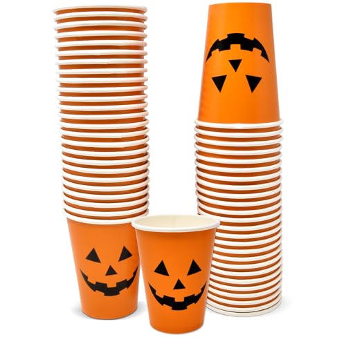 Halloween Paper Cups 50 Pack - Disposable Jack O’Lantern Party Drinkware