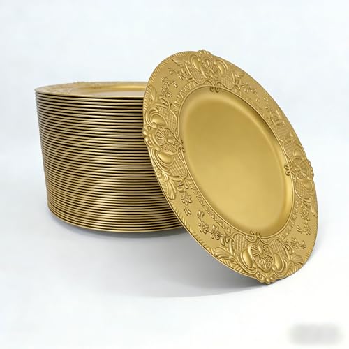 Gold 13-Inch Elegant Plastic Charger Plate Set - 50 pcs for Wedding & Party