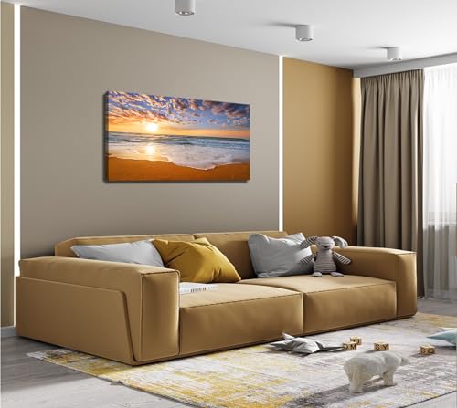 Beach Sunrise Wall Art Canvas Prints - Colorful Ocean Seascape, 48x24 Inches, Ready to Hang