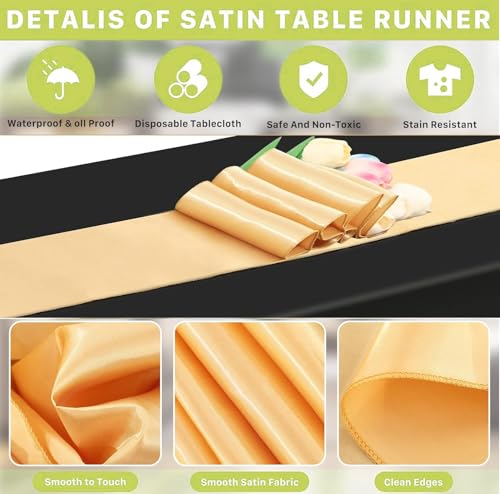 Black and Gold Satin Table Runners and Plastic Tablecloth Set - 3 Piece