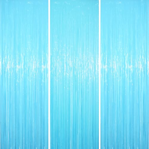 Pastel Blue Foil Fringe Curtain Backdrop - 3 Pack 8.2ft Party Decorations with Variation 16 Pastel Blue