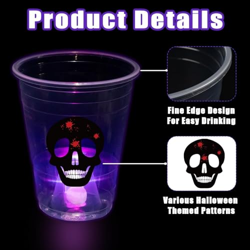Halloween Glow in The Dark Party Cups - Standard Pack of 2, 25 Count, 16oz, Light Up Cups with Horror Stickers for Kids & Adults