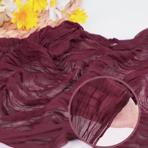 Snowkingdom Burgundy Cheesecloth Table Runner 10FT for Christmas & Wedding Decor