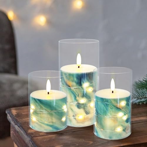 Blue Marble Flickering Flameless Candles with Star String Lights - Battery Operated, Remote Control, 3 Pack