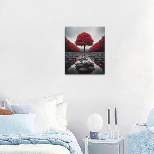 Red Tree Wall Art Canvas Print - Zen Stone River Landscape, Framed, 24x20 Inches - Black and White