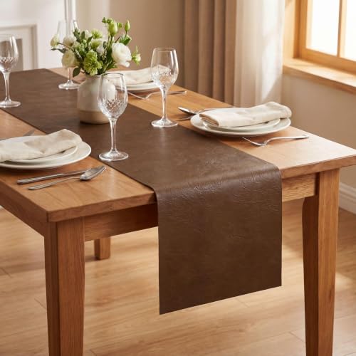 Brown Double Sided Faux Leather Table Runner 12x72 Inch Waterproof & Heat Resistant