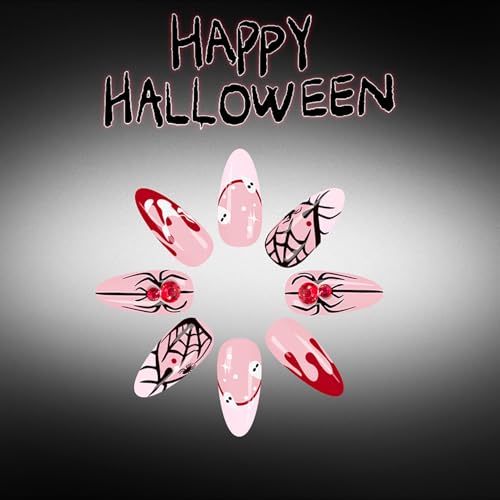 Halloween Press On Nails Medium Almond Fake Nails with Rhinestone Spider Design - Blood Ghost Style - Variation of THIS listing