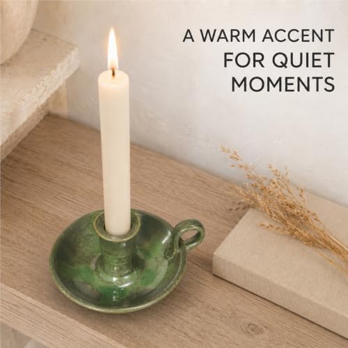 Green Reactive Glazed Ceramic Candle Holder with Handle - Taper & Spell Candles Stand