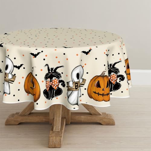 Halloween Tablecloth 90 Inch Round Jack-O-Lantern Ghost Cat Beige