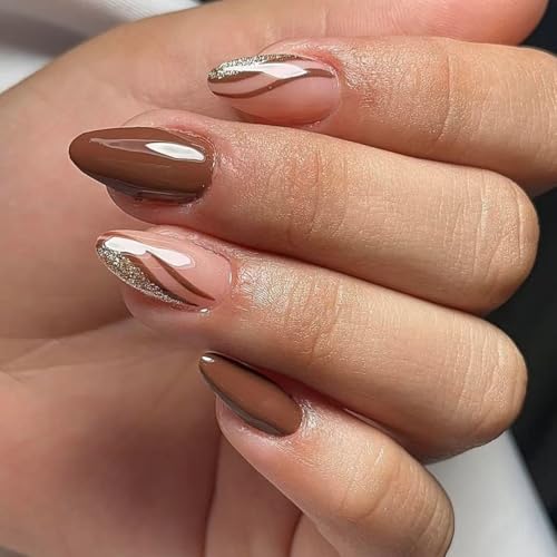 Fall Press On Nails Short Almond Design Stripe Glitter Style-007 - Reusable Glossy Acrylic Fake Nails for Women Menicure 24Pcs