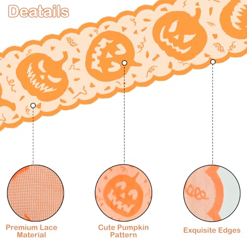 Halloween Lace Table Runner - Orange Jack-o'-Lantern Centerpiece Decor, 72 Inch