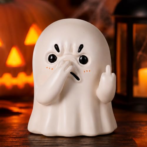 Funny Ghost Figurine Holding Nose - Halloween Decor with Middle Finger Variation