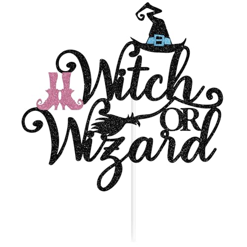 Black Glitter Witch or Wizard Cake Topper - Halloween & Gender Reveal Decor