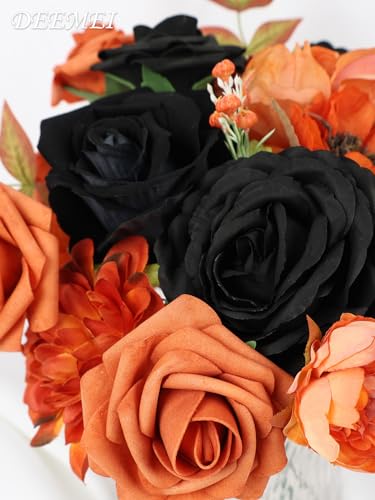 Artificial Flowers Orange Black Combo Set for Wedding Bridal Halloween Decor - 24 Pieces