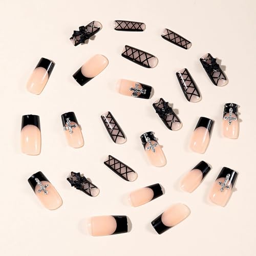 MISUD Long Square Press On Nails with Goth Black Cross Bow Design - 24 pcs - Variation 05917-01Black