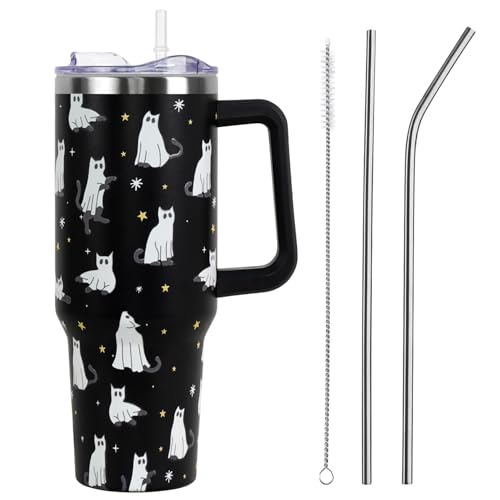 Halloween 2025 40oz Ghost Cat Tumbler with Lid & Straw - Spooky Leakproof Gift