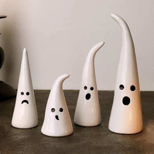 Halloween Ghost Figurines Set - Ceramic Rustic Indoor Decor, 4 Pieces