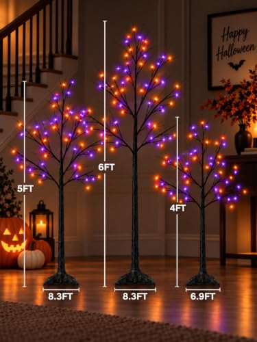 Halloween Tree with Purple and Orange Lights - 3 Pack 4/5/6FT LED Spooky Decor