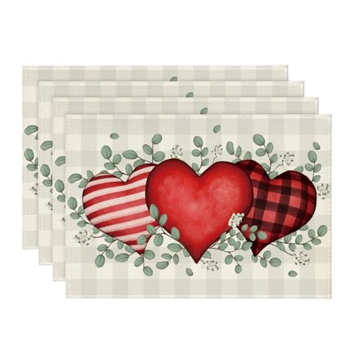 Rectangular Buffalo Plaid Eucalyptus Hearts Valentine Placemats Set of 4 - 12x18 Inch Holiday Table Decor
