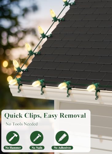 Green Christmas Light Clips for C7 C9 Lights, 200 Pack - Outdoor Gutter & Roof Hooks