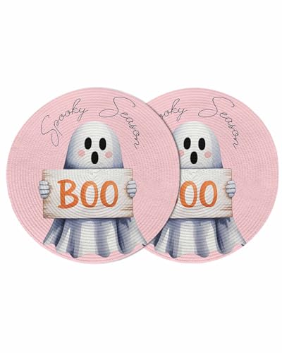 Woven Placemats for Dining Table Set of 2 - 15 Inch Halloween Ghost Pink