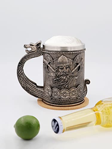 Medieval Viking Tankard Mug Drakkar Warrior Stainless Steel Beer Stein - 18OZ