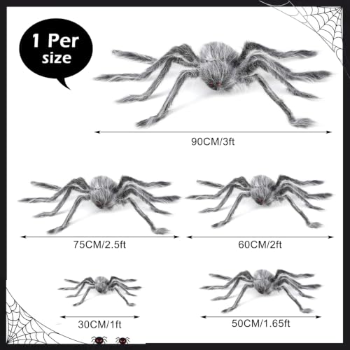 Halloween Gray Spider Decorations Set - 5 Realistic Plush Spiders with Adjustable Legs
