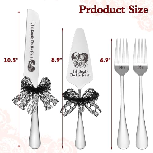 Gothic Wedding Cake Knife & Servers Set with Skull & Black Lace Design