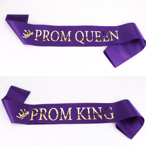 Purple Base Gold Words Prom Queen King Sash Decoration - 2 Pack