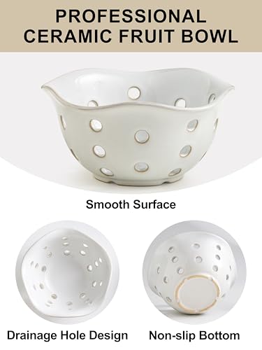 Ceramic Fruit Basket Set - 7.6 Inch White Berry Bowls with Drainage Holes, Floral Variation