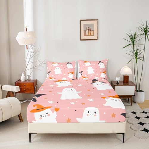 Feelyou Pink Halloween Fitted Sheet Twin Size for Boys & Girls - Variation: Pink White