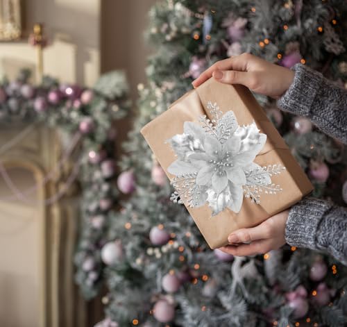 Silver Glitter Poinsettia Christmas Tree Decorations - 24 Pack, 6 Inch Holiday Ornaments with Clips