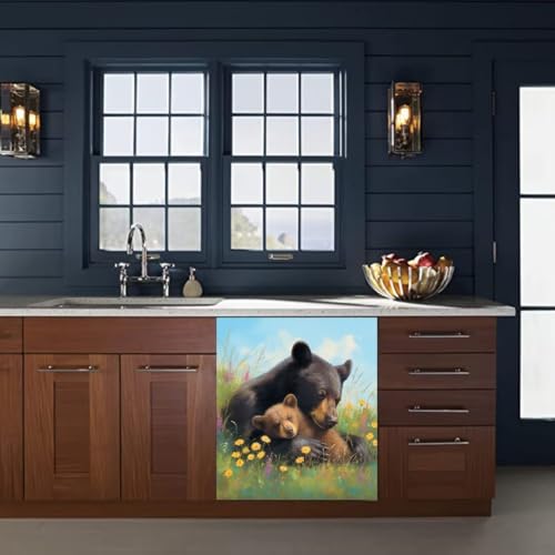 Mama Bear and Cubs Dishwasher Magnet Cover - Magnetic Vinyl Kitchen Decor, 23 x 26 Inches
