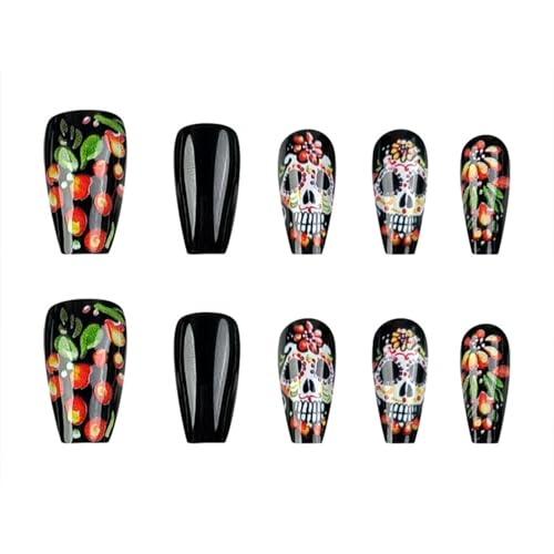 Halloween Fake Nails Medium Coffin Press-On Nails with Colorful Skull Design - Halloween Style2, 24 Pcs