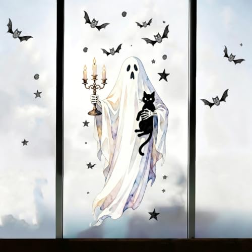 Halloween Window Clings - Large Cat Ghost Spooky Stickers, 1 Sheet - Halloween Style 17