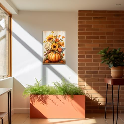 Fall Pumpkin Sunflower Canvas Wall Art - 12 x 18 Inches Thanksgiving Decor V2