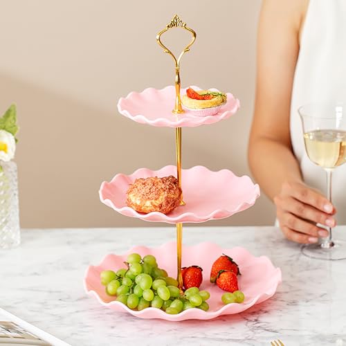 3-Tier Plastic Cupcake Stand Holder with Handle for Desserts, Fruits & Snacks - White+Pink