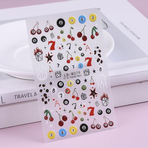 Cartoon Pool & Dice Nail Art Stickers - 4 Sheets 5D Embossed Self-Adhesive
