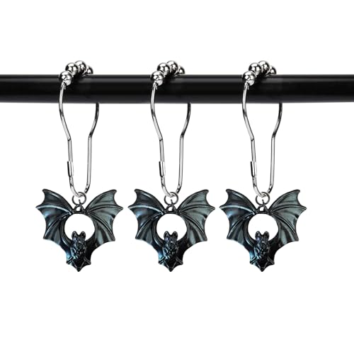Halloween Bat Shower Curtain Hooks Set - Black Bat Style 2, Rustproof Stainless Steel, 12 Pieces
