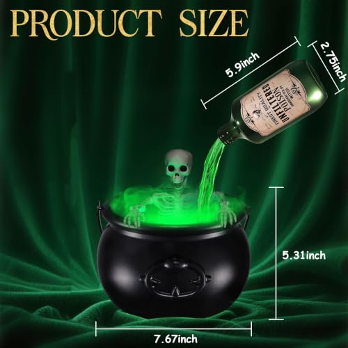 Green Halloween Cauldron Bowl with Skeleton and Fog Effect - Splashproof Decor