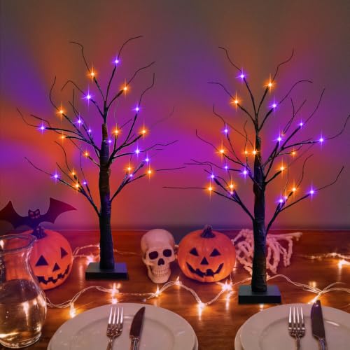 Indoor Halloween Tree Decorations 2 Pack - 24 Inch Black Lighted Trees with Orange & Purple Lights - Variation of Halloween Tree